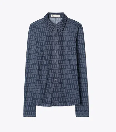Tory Burch Long Sleeve Crepe Button-up In Blue