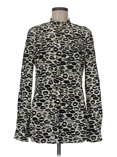Pre-owned Tory Burch Long Sleeve Silk Top Black Animal Print Pattern High Neck Tops