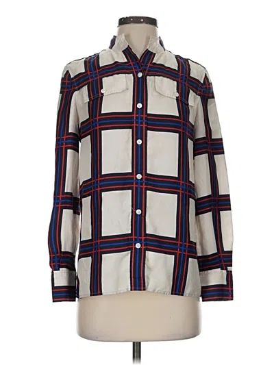 Pre-owned Tory Burch Long Sleeve Silk Top Blue Plaid Pattern Square Neckline Tops