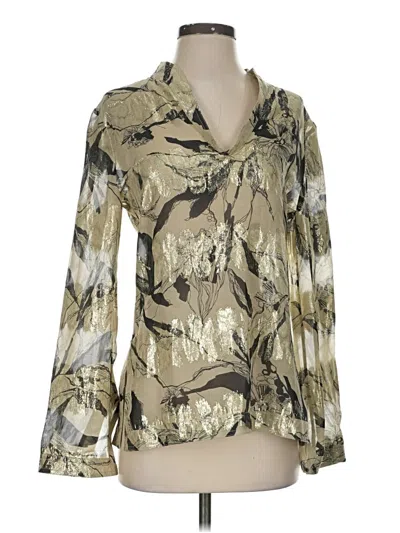 Pre-owned Tory Burch Long Sleeve Silk Top Gold Print Pattern V-neck Tops