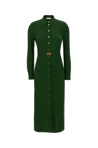 Tory Burch Long Sleeved Belted Waist Shirt Dress In Green