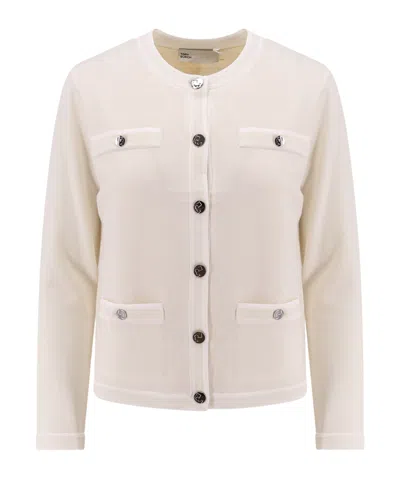 Tory Burch Long-sleeved Knitted Cardigan In White