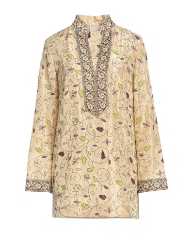 Tory Burch Long-sleeve Slit Blouse Made Of Silk Fabric With Floral Print In Nude