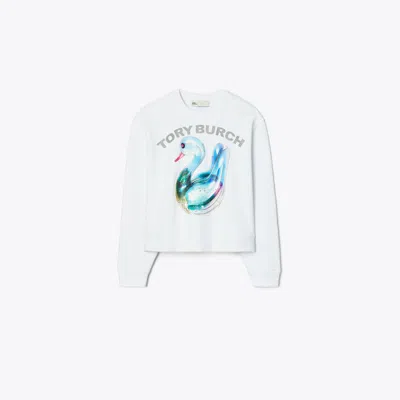 Tory Burch Lucky Duck Cotton Sweatshirt In White Glass Swan