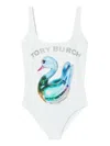 Tory Burch Lucky Duck-print Swimsuit In White