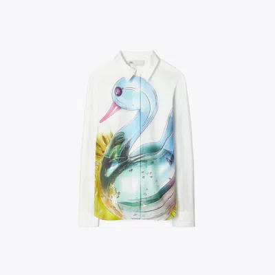 Tory Burch Lucky Duck Silk Shirt In Blue Glass Swan