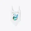Tory Burch Lucky Duck-print Swimsuit In White Glass Swan