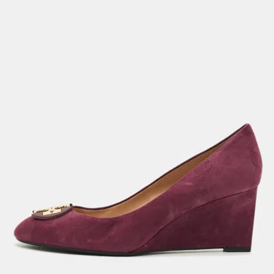 Pre-owned Tory Burch Luna Size 39.5 Burgundy Suede Wedge Pumps