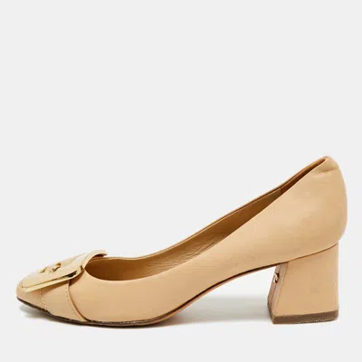 Pre-owned Tory Burch Maria Size 36.5 Beige Leather Block Heel Pumps In Sand