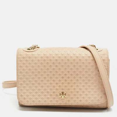 Pre-owned Tory Burch Marion Embossed Peach Leather Shoulder Bag In Orange