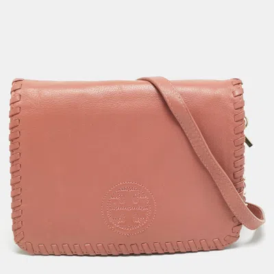 Pre-owned Tory Burch Marion Old Rose Leather Shoulder Bag In Pink
