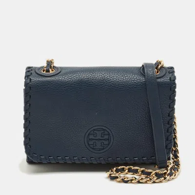 Pre-owned Tory Burch Marion Shrunken Navy Blue Leather Crossbody Bag