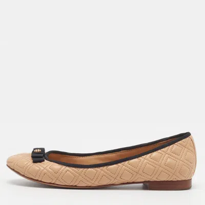 Pre-owned Tory Burch Marion Size 35.5 Black/beige Leather Ballet Flats