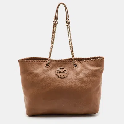 Pre-owned Tory Burch Marion Whipstitch Brown Leather Tote