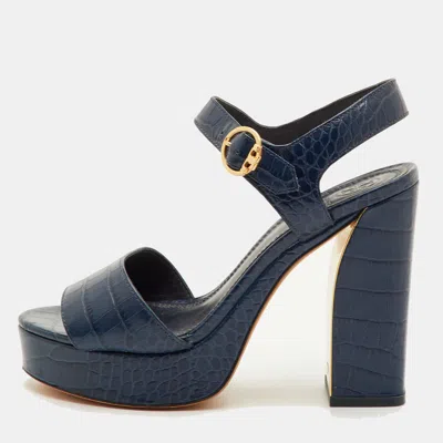 Pre-owned Tory Burch Maritine Size 37 Navy Blue Croc Embossed Leather Platform Ankle Strap Sandals