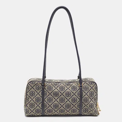 Pre-owned Tory Burch Marshmallow Small Navy Blue T Monogram Jacquard And Leather Satchel