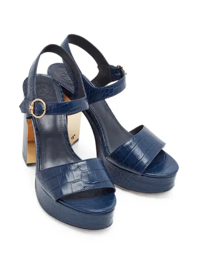 Pre-owned Tory Burch Martine Croc-embossed Platform Sandals In Blue