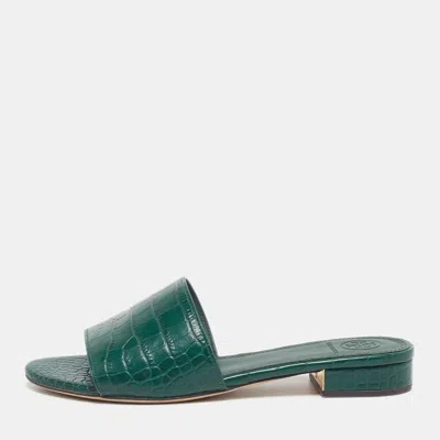 Pre-owned Tory Burch Martine Size 35.5 Green Croc Embossed Leather Slide Sandals