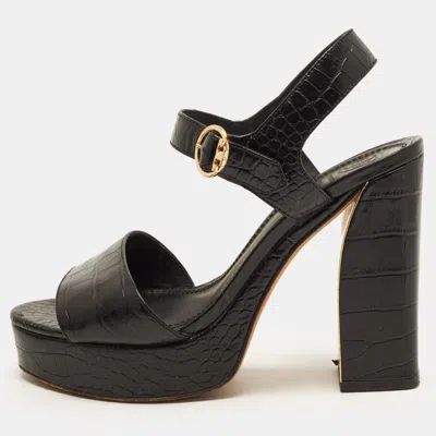 Pre-owned Tory Burch Martine Size 37.5 Black Croc Embossed Leather Platform Sandals