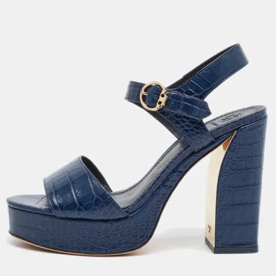 Pre-owned Tory Burch Martine Size 38.5 Navy Blue Croc Embossed Leather Platform Sandals