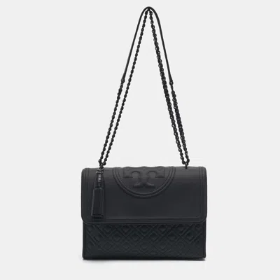 Pre-owned Tory Burch Matte Black Rubberized Faux Leather Fleming Convertible Shoulder Bag