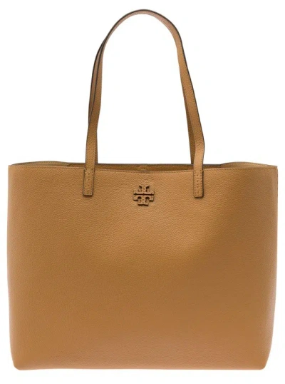 Tory Burch Mcgraw' Beige Tote Bag Wit Double T Detail In Grainy Leather In Brown