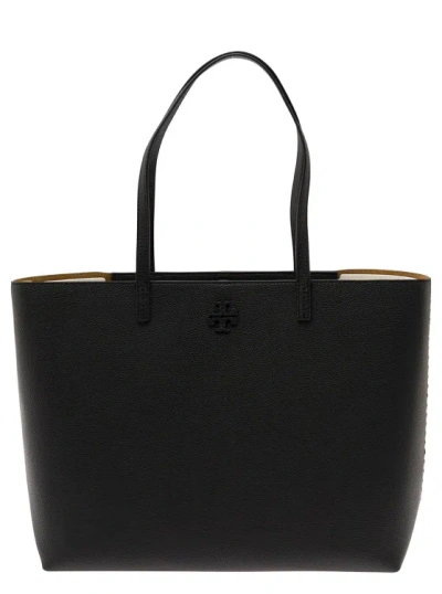 Tory Burch Mcgraw' Black Tote Bag Wit Double T Detail In Grainy Leather