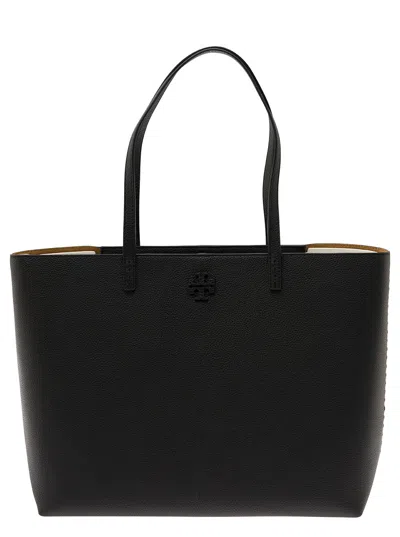 Tory Burch Mcgraw Black Tote Bag Wit Double T Detail In Grainy Leather Woman