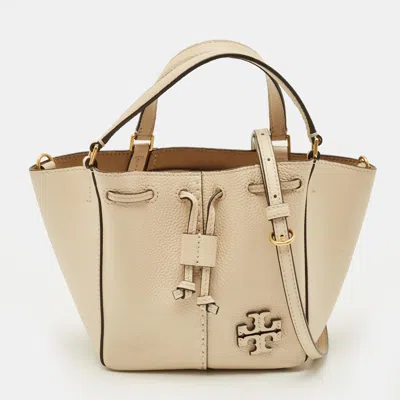 Pre-owned Tory Burch Mcgraw Dragonfly Beige Leather Drawstring Tote In Sand