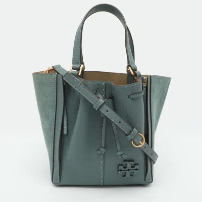 Pre-owned Tory Burch Mcgraw Dragonfly Teal Leather Drawstring Tote In Blue