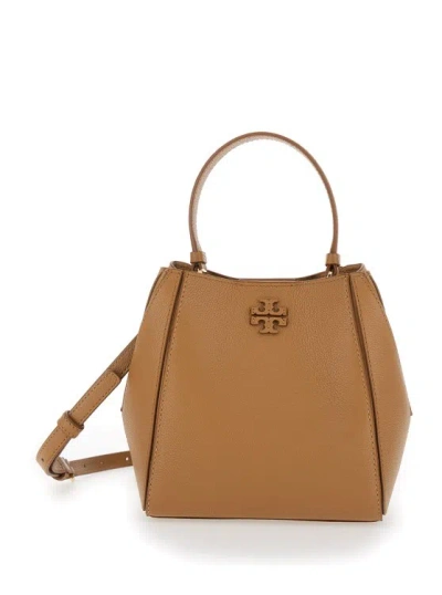 Tory Burch Mcgraw Small' Beige Bucket Bag With Double T In Hammered Leather In Brown