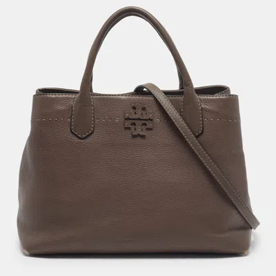 Pre-owned Tory Burch Mcgraw Triple Compartment Grey Leather Tote In Gray