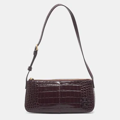 Pre-owned Tory Burch Mcgraw Wedge Burgundy Croc Embossed Leather Shoulder Bag