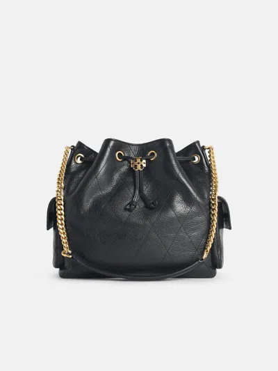 Tory Burch Medium 'charlie Matelassé' Black Leather Shoulder Bag In Animal Print