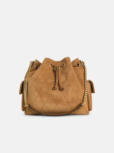Tory Burch Charlie Quilted Suede Drawstring Shoulder Bag Toffee In Brown