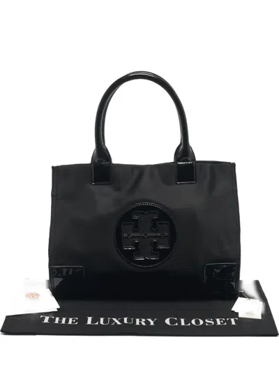Pre-owned Tory Burch Medium Ella Leather-trim Tote Bag In Black