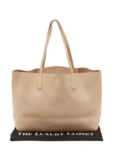 Pre-owned Tory Burch Medium Perry Logo Shopper Tote Bag In Neutral