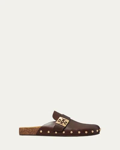 Tory Burch Mellow Leather Buckle Slide Mules In Brown