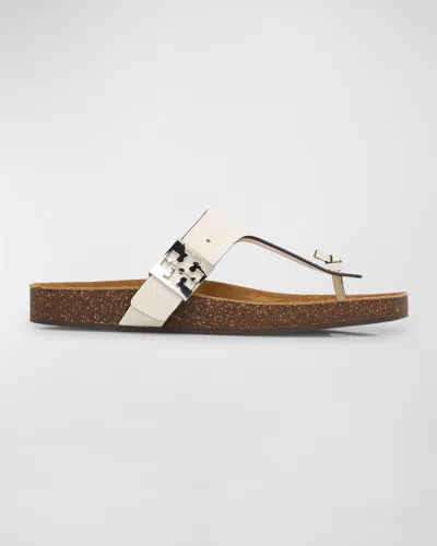 Tory Burch Mellow Leather Buckle Thong Sandals In Blanc  Light Oak