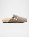 Tory Burch Mellow Logo Buckle Wool & Faux Shearling Mules In Neutral