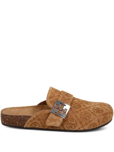 Tory Burch Mellow Logo-debossed Buckle Slippers In Brown