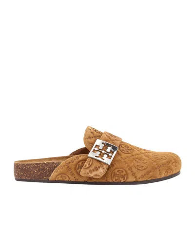 Tory Burch Mellow Logo-debossed Buckle Slippers In Brown