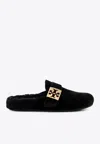 Tory Burch Mellow Logo Plaque Shearling Flat Mules In Black