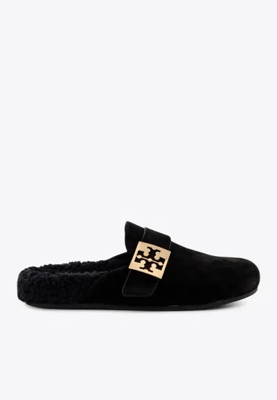 Tory Burch Mellow Logo Plaque Shearling Flat Mules In Black