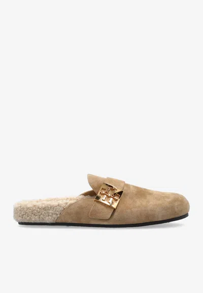 TORY BURCH MELLOW LOGO SHEARLING FLAT MULES