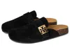 Tory Burch Mellow Black Slip-on Mule With Metallic Logo Buckle In Suede Woman In Multi