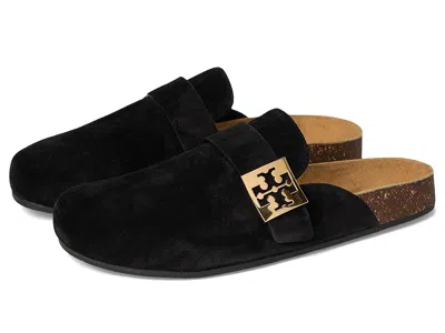 Tory Burch Mellow Black Slip-on Mule With Metallic Logo Buckle In Suede Woman