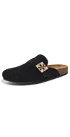 Tory Burch Mellow Suede Buckle Slide Mules In Perfect Black/gold