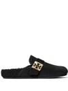 Tory Burch Mellow Logo Plaque Shearling Flat Mules In Black
