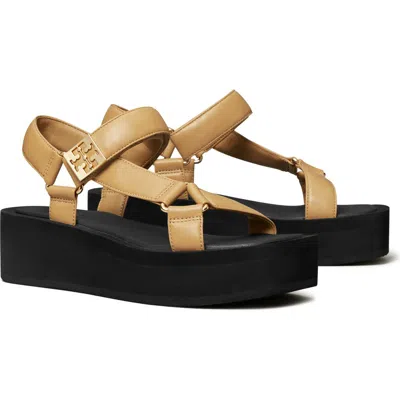 Tory Burch Mellow Platform Sandal In Ginger Shortbread/gold/perfect Black
